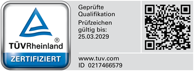 TÜV Rheinland Prüfzeichen - Geprüfte Qualifikation, ID 0217466579, gültig bis 25.03.2029